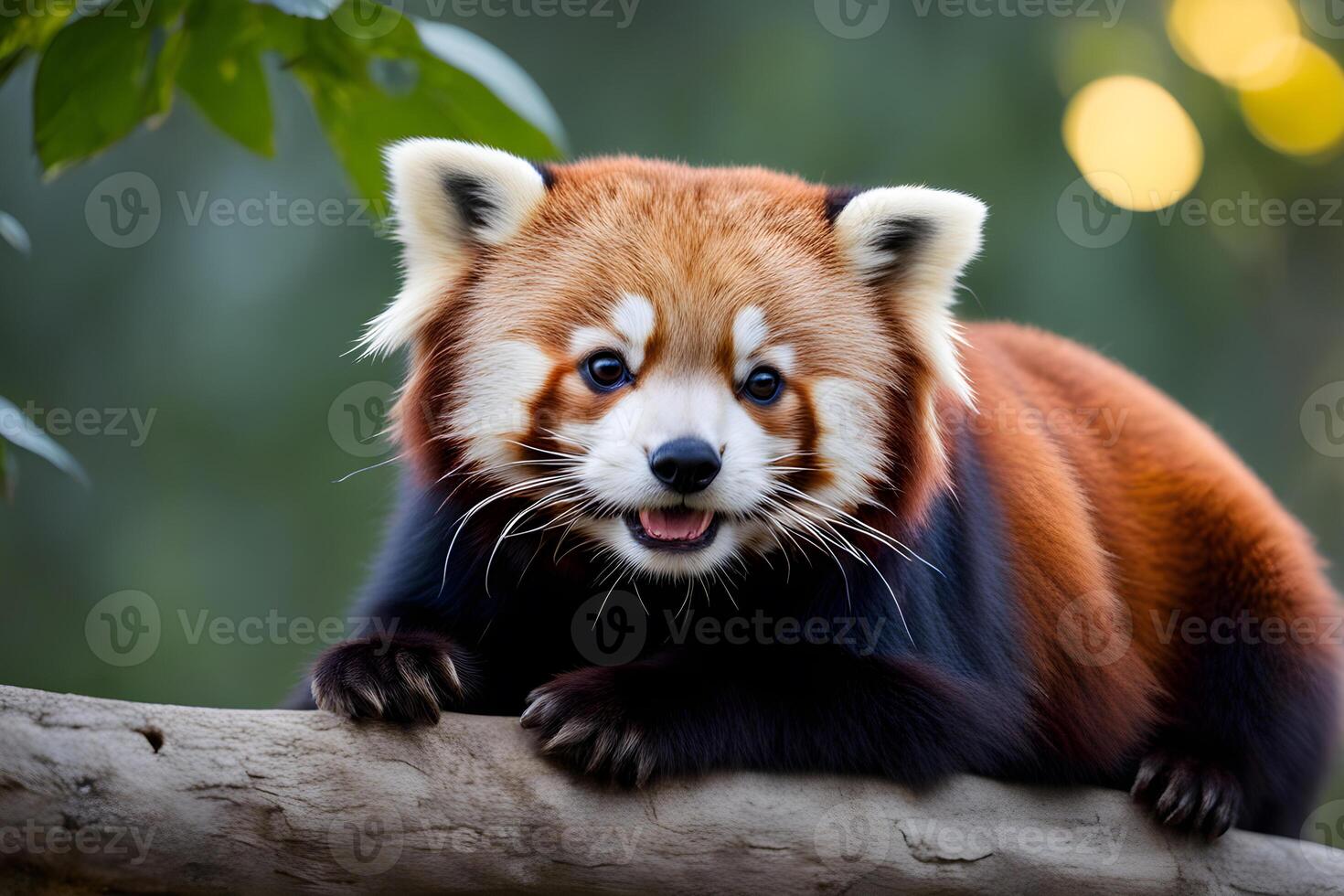 Little cute red panda on a tree in backlight photo