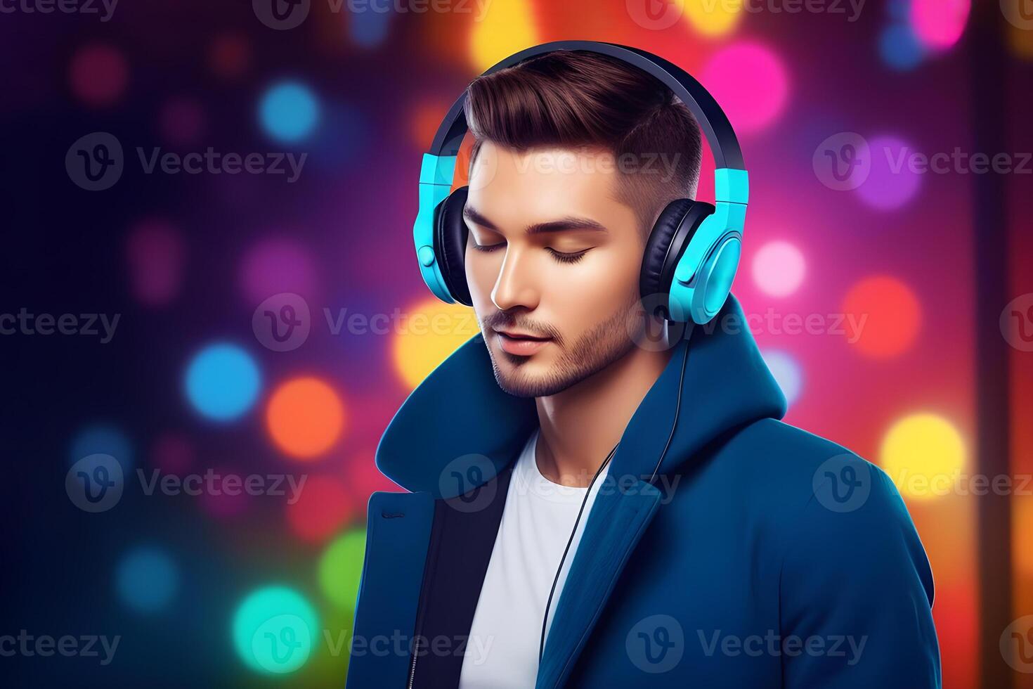 man in headphones listens to music in a nightclub photo