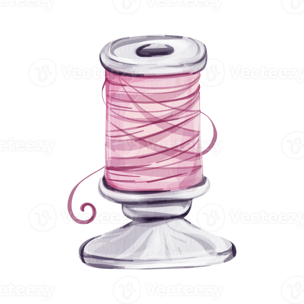 Watercolor spool of thread, vintage sewing tool for fabric, textile, craft png