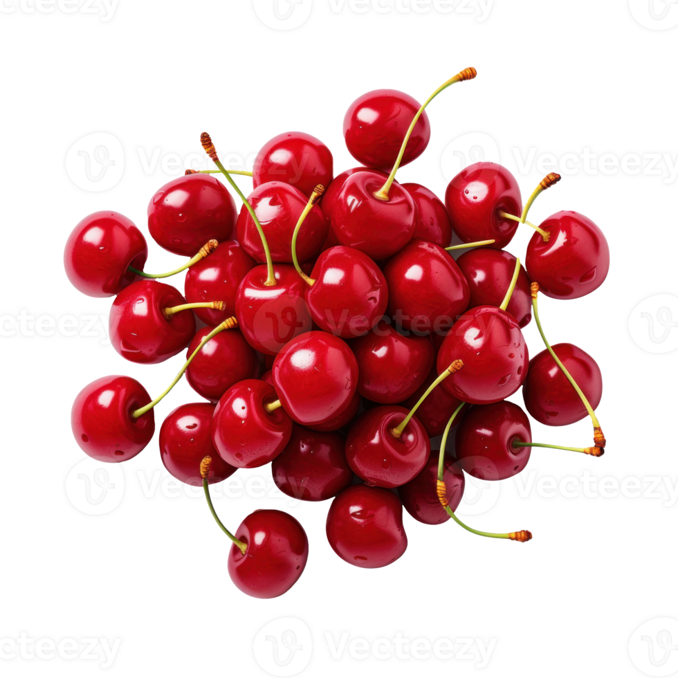 Pile of Red Cherries with Fresh Stems. Isolated on Background png