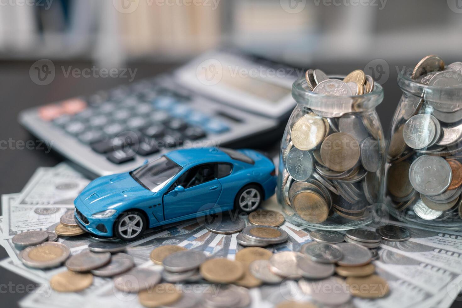 Business concept involved using finance calculator to determine premium for vehicle policy, ensuring clear financial contract for car. Investing in auto insurance can save money on transport costs. photo