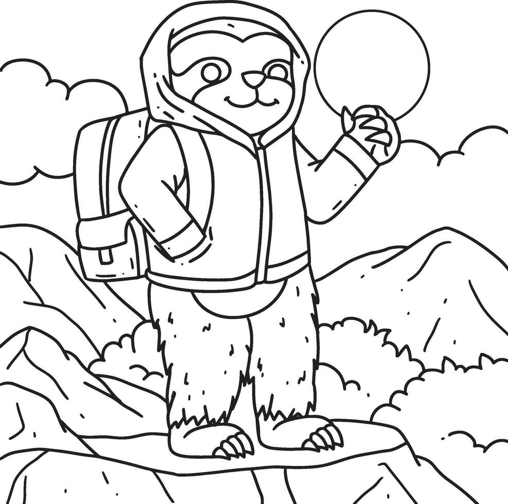 Sloth Hiking in the Mountain Coloring Page vector