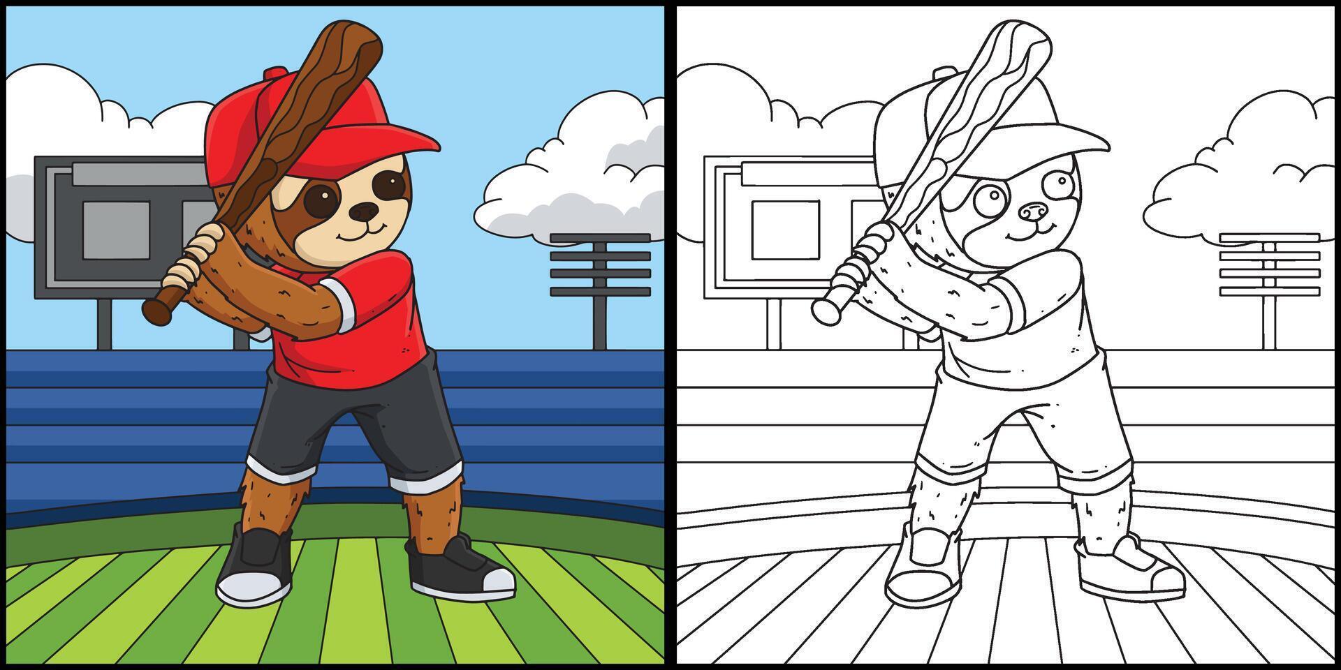 Sloth Playing Baseball Coloring Page Illustration vector