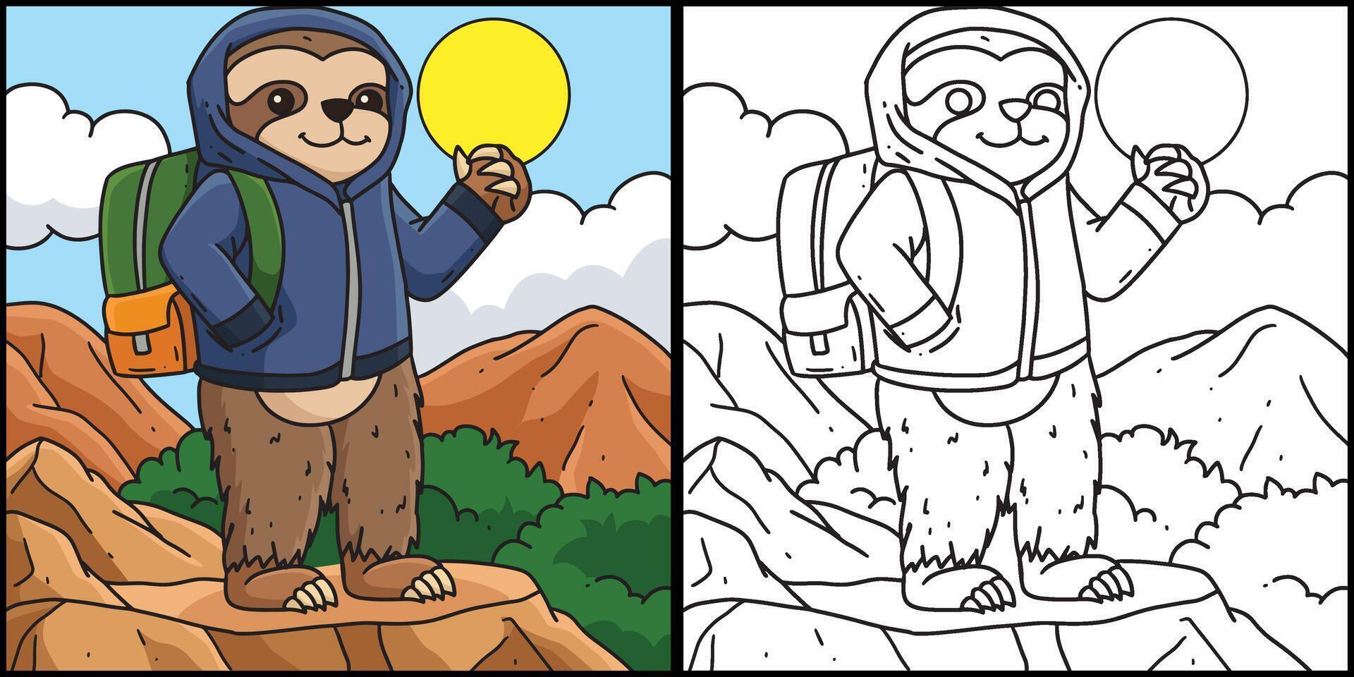 Sloth Hiking in the Mountain Coloring Page Illustration vector