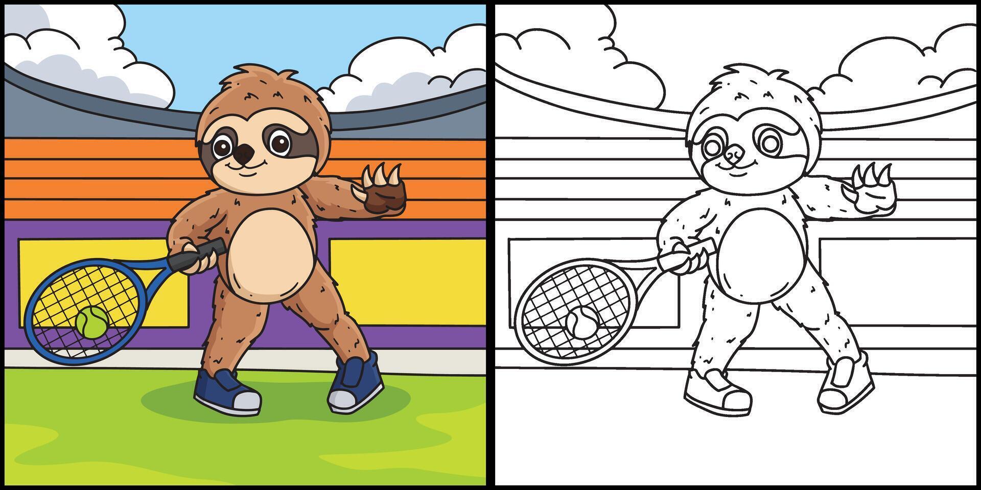 Sloth Playing Tennis Coloring Page Colored Illustration vector