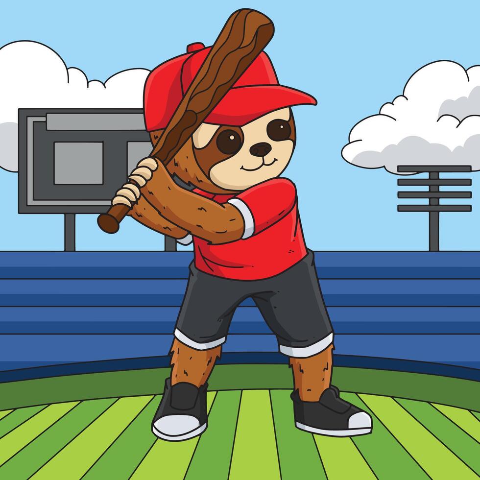 Sloth Playing Baseball Colored Cartoon Illustration vector