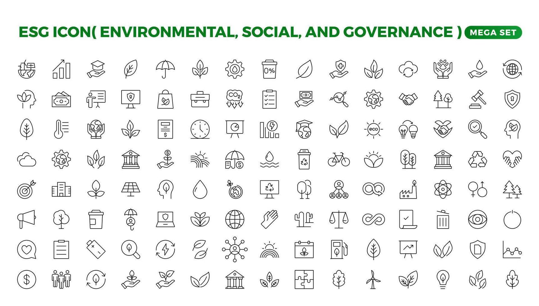 ESG icon set,Environmental, Social, and Governance line icon. ESG outline icons with editable stroke collection. Includes Sustainability, Solar Panel, Recycling, Green City. vector