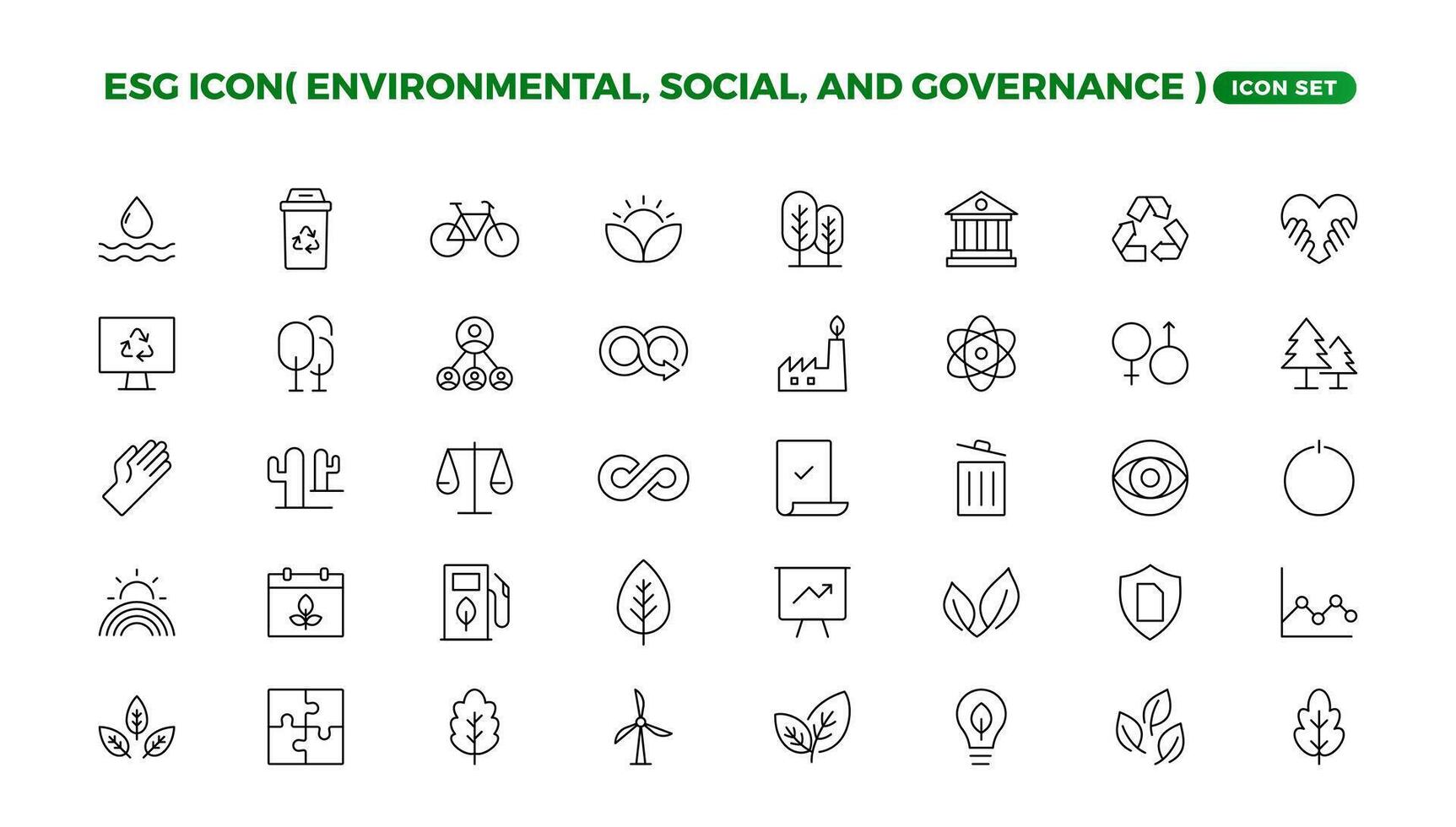 ESG icon set,Environmental, Social, and Governance line icon. ESG outline icons with editable stroke collection. Includes Sustainability, Solar Panel, Recycling, Green City. vector