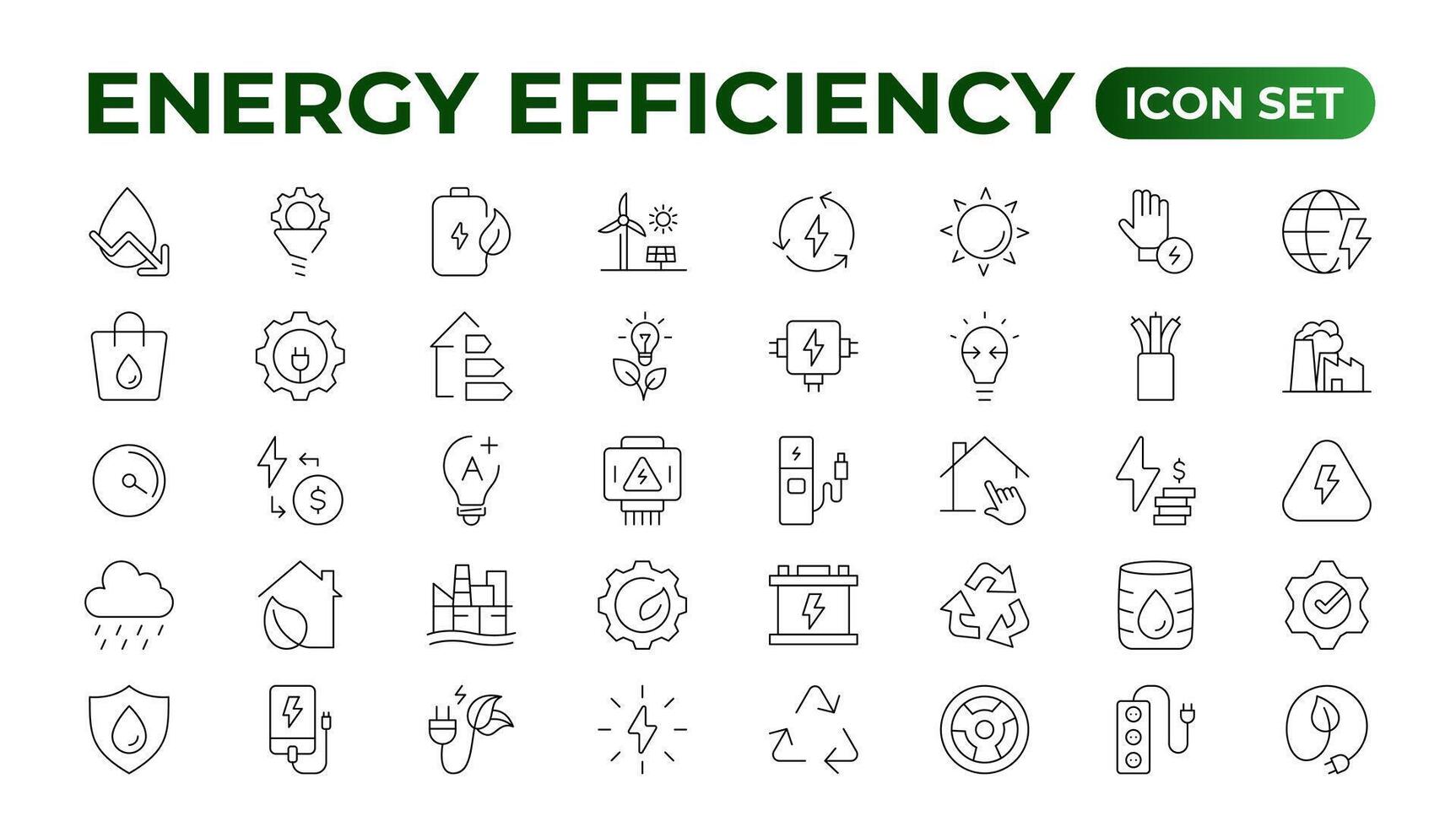 Energy efficiency icon set. Calculator, energy-saving light bulb, piggy bank, solar panel, circular economy, battery, home insulation, energy class illustration vector