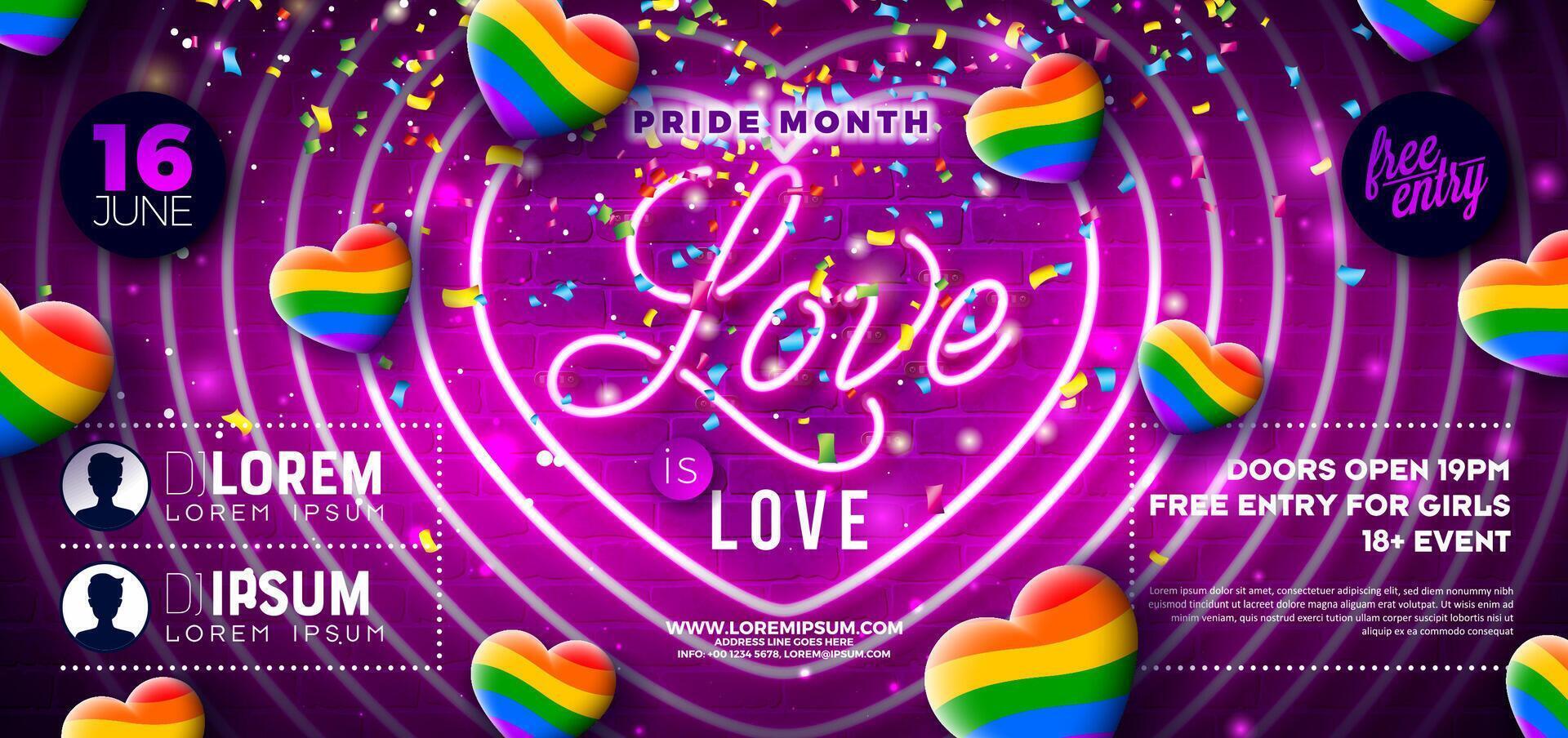 Pride Month Party Flyer Design. LGBTQ Illustration with Glowing Neon Light and Rainbow Heart on Purple Brick Wall Background. Love is Love LGBT Event Banner Design for Celebration Poster vector