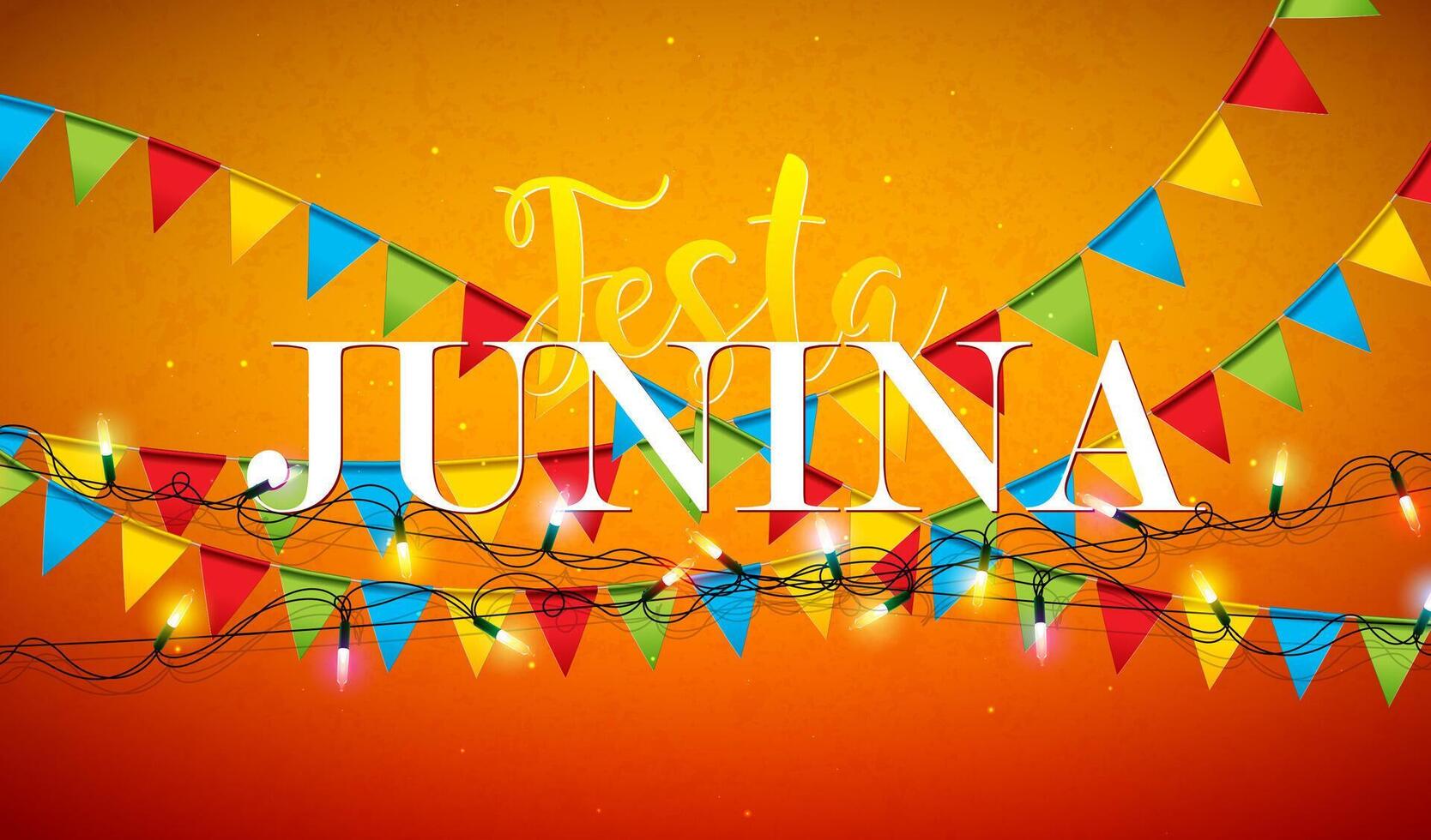 Festa Junina Illustration with Colorful Party Flags and Typography Letter on Red Background. Brazil June Traditional Holiday Festival Design for Celebration Banner, Greeting Card, Invitation or vector