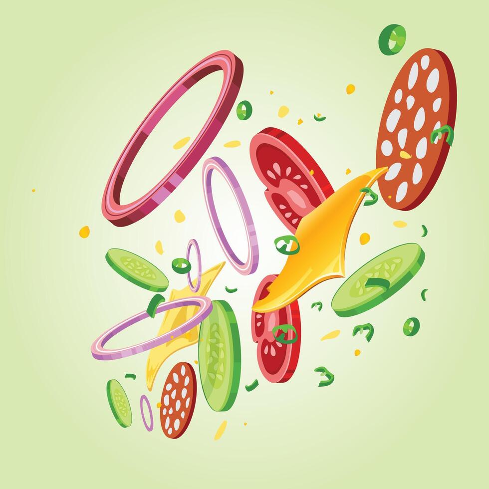 Flying Veggies slices cucumber, tomato slice, hot dog, green chilli and Butter vector