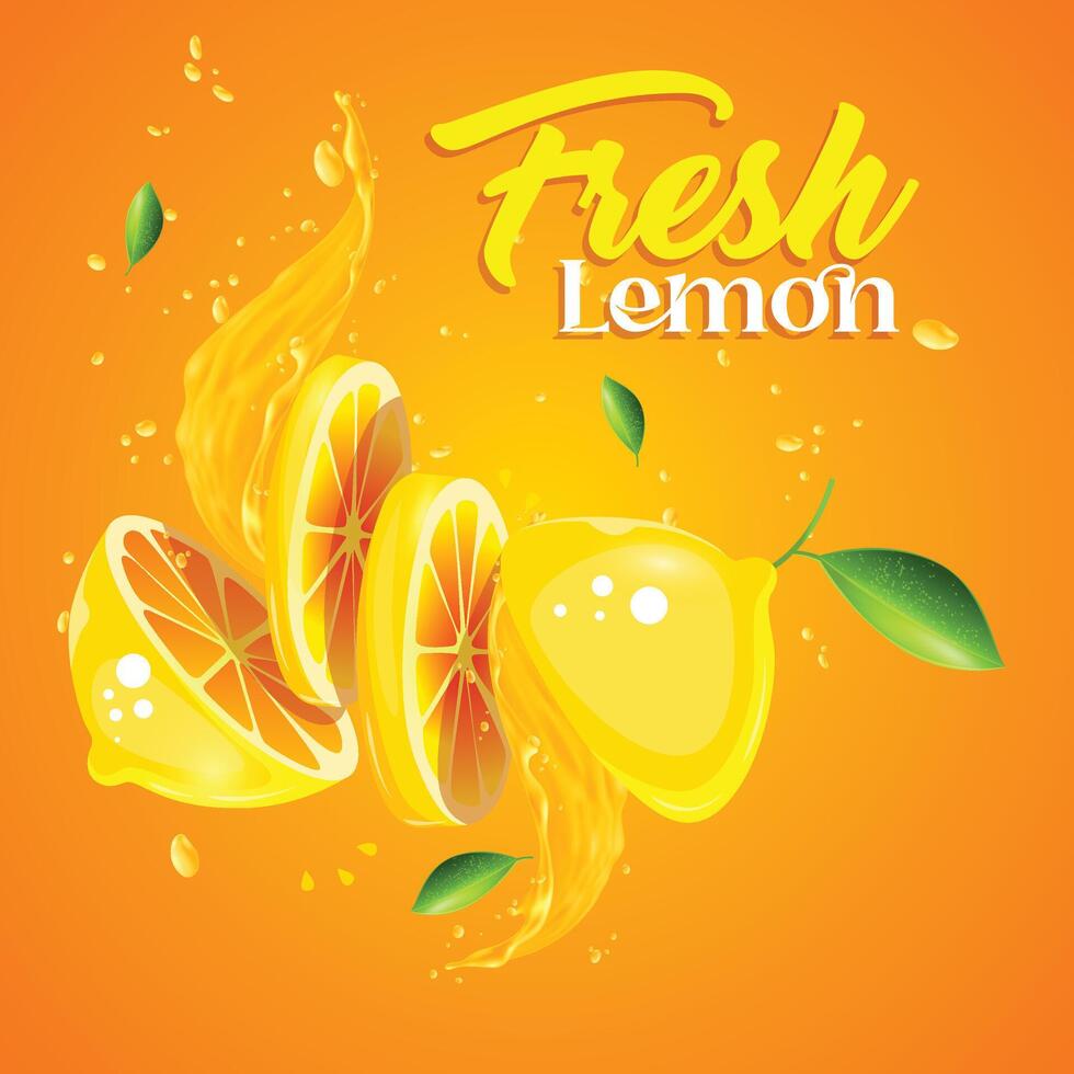 Fresh juicy lemon cutting slices with green leaf vector