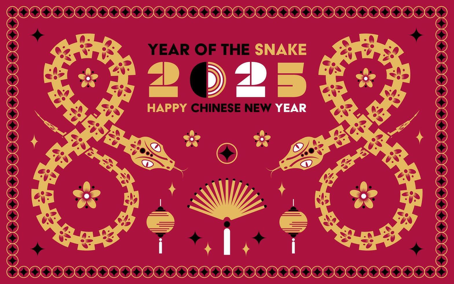 Happy Chinese new year 2025 Snake Zodiac sign, modern flat art design set in red, gold and white colors vector