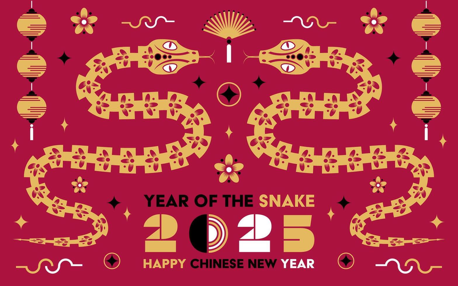 Happy Chinese new year 2025 Snake Zodiac sign, modern flat art design set in red, gold and white colors vector