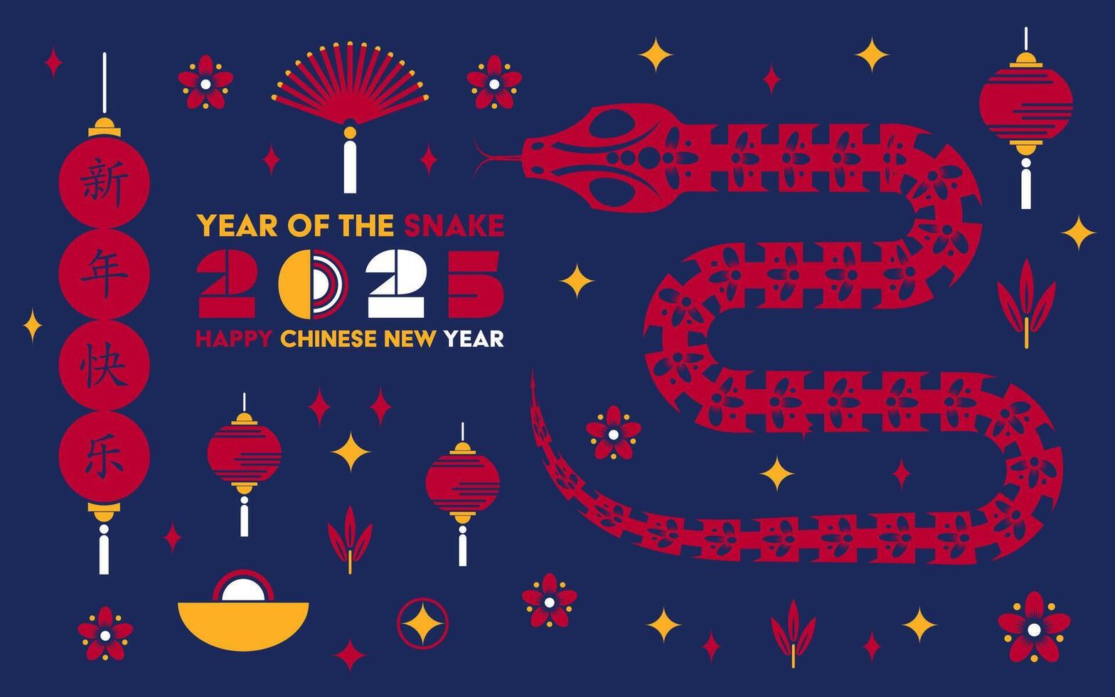 Happy Chinese new year 2025 Snake Zodiac sign, modern flat art design vector
