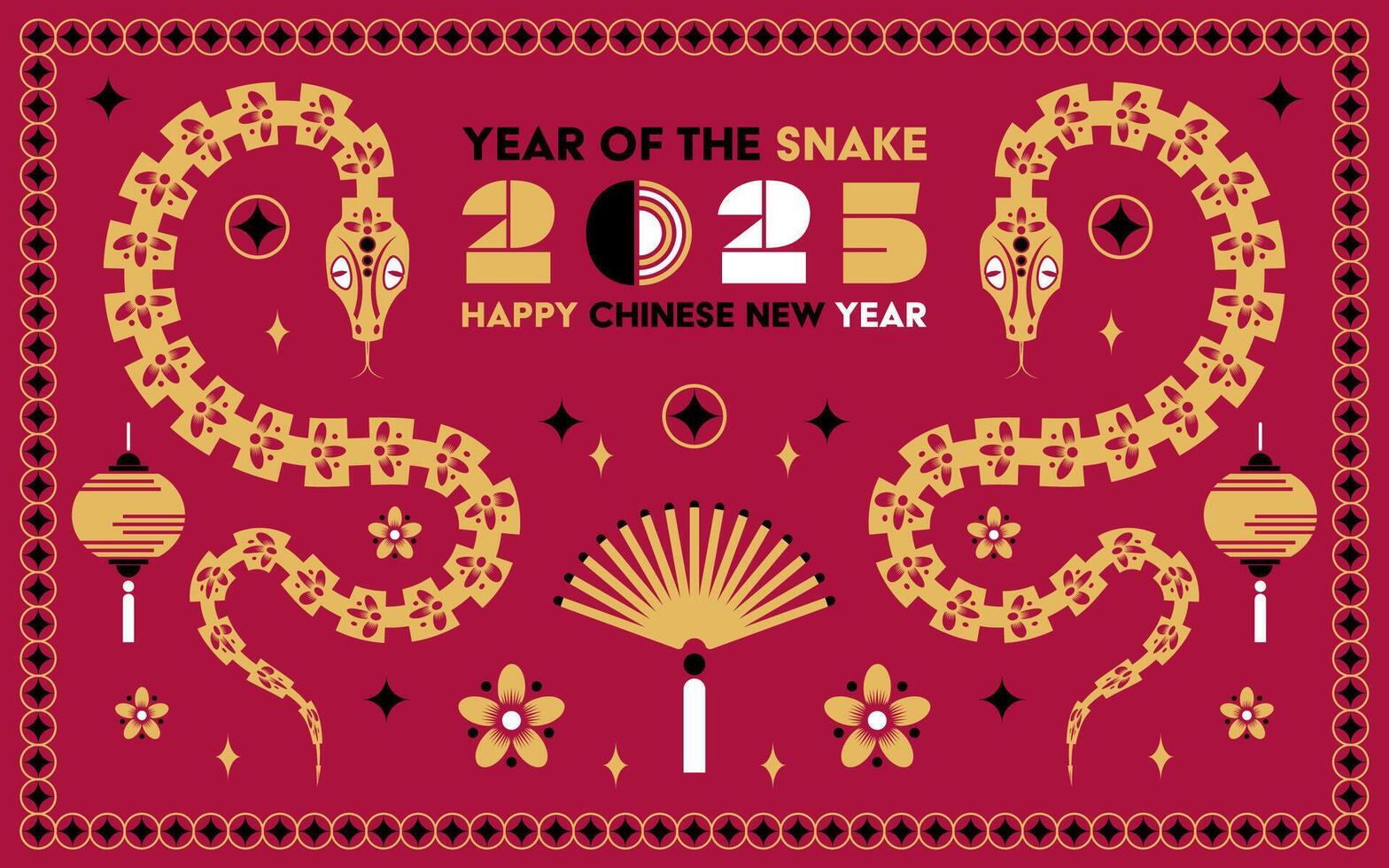 Happy Chinese new year 2025 Snake Zodiac sign, modern flat art design set in red, gold and white colors vector