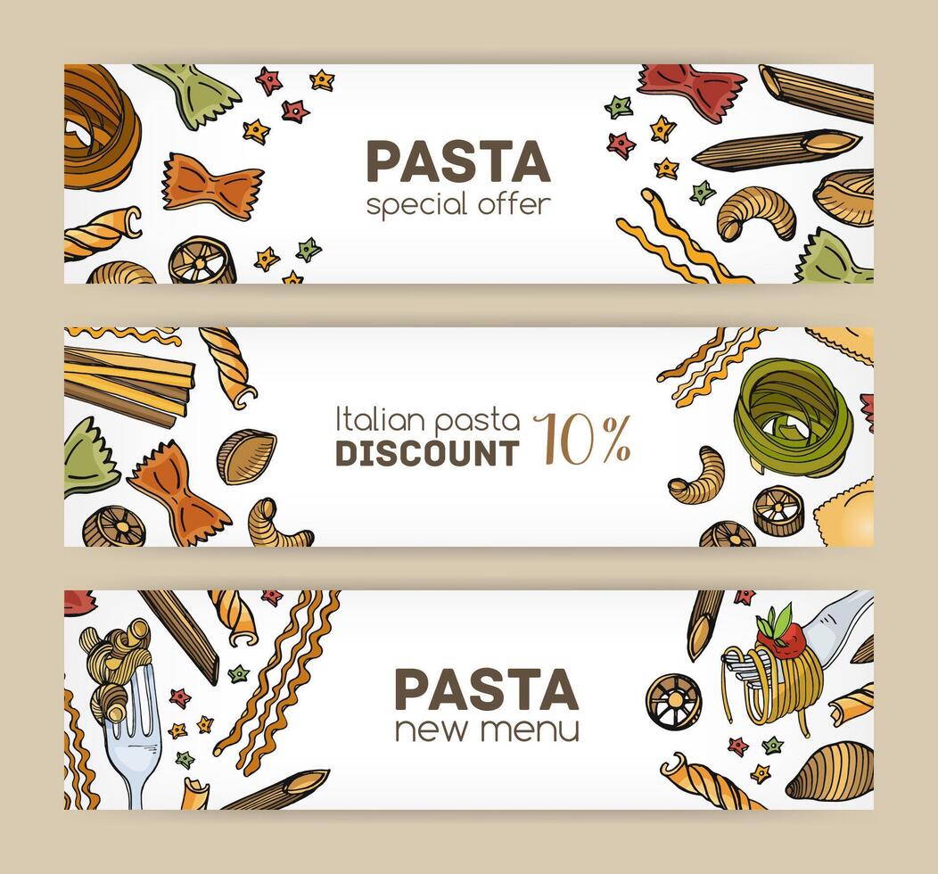 Bundle of horizontal web banner templates with various types of raw and cooked pasta. Special offer and dinner discount. Hand drawn illustration for Italian restaurant advertisement, promo. vector