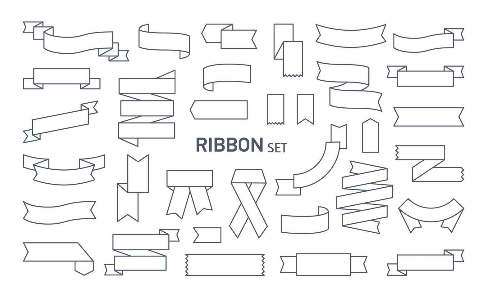 Collection of various ribbons drawn with black contour lines. Bundle of decorative tapes, bands or strips folded in different way and isolated on white background. Monochrome illustration. vector