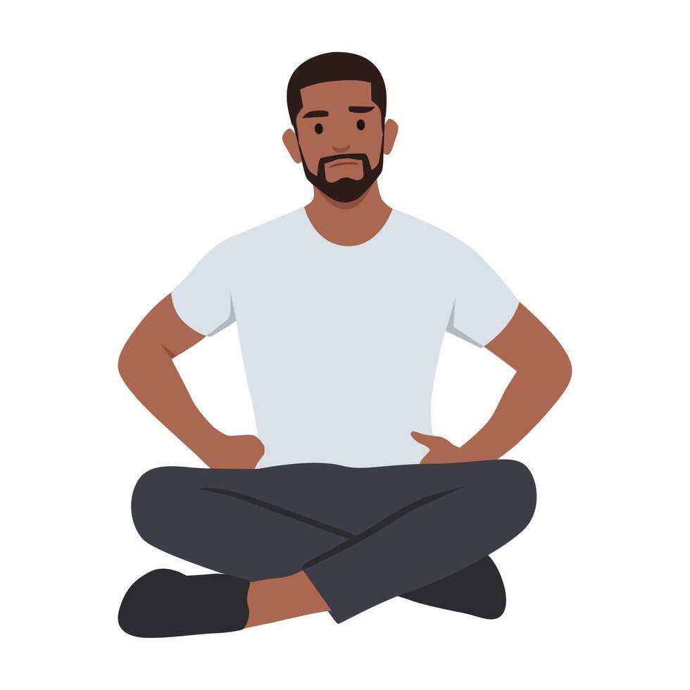 Young bearded man feeling confused and doubtful sitting on the floor. vector