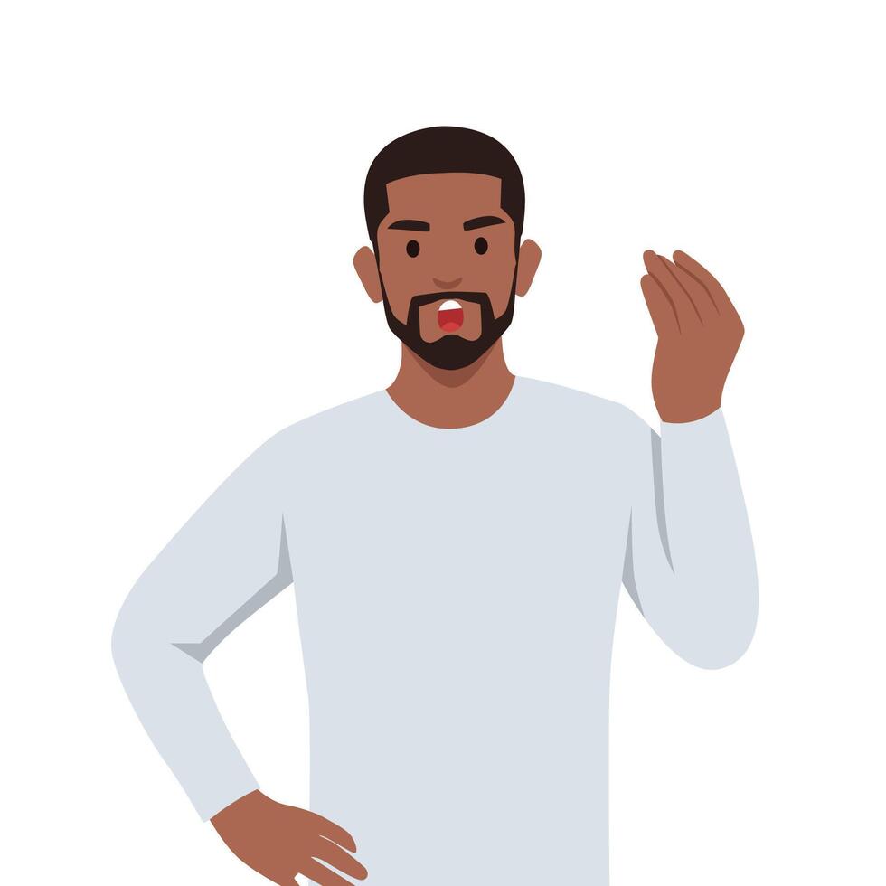 Angry bearded man raised fist and shout or screaming expression. vector