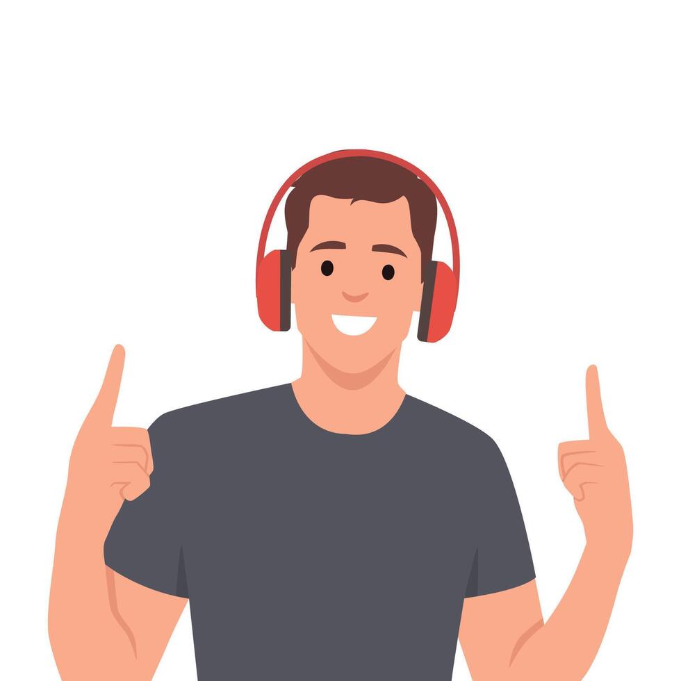 Smiling young man listen to music in modern wireless headphones. vector