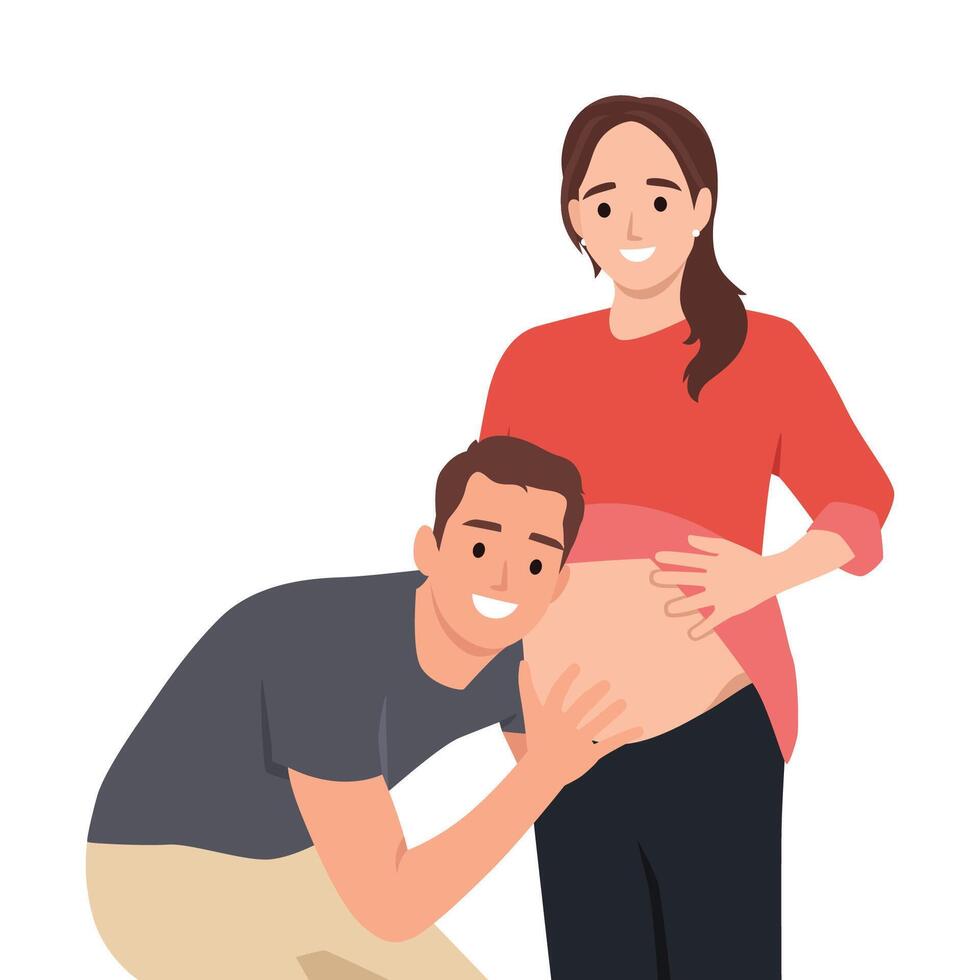 Young man is listening to his beautiful pregnant wife's tummy and smiling. vector