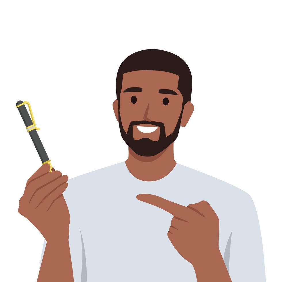 Young business man pointing at an expensive pen. vector