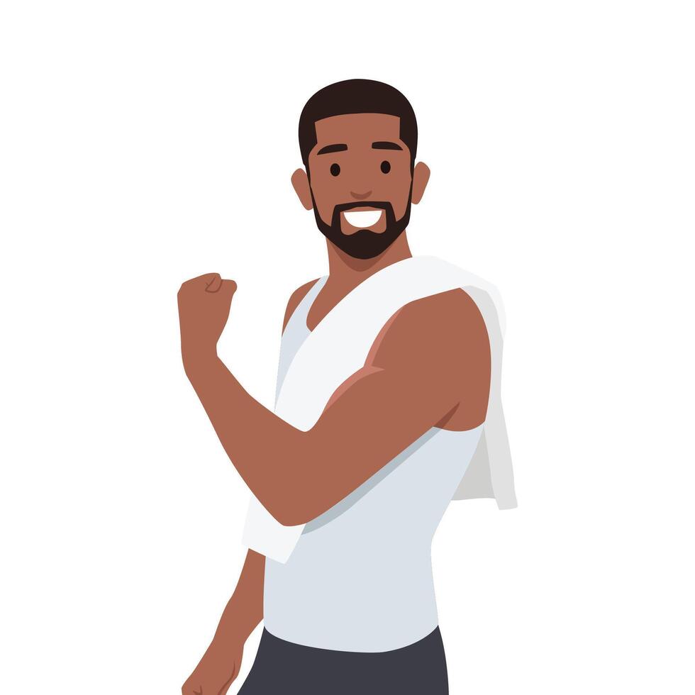 Young man shows developed muscles of the torso and shoulder girdle. vector