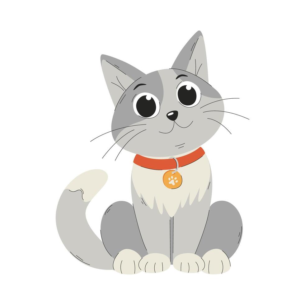 A cute smiling kitten in a collar. The cat is sitting with folded paws. A flat cartoon illustration isolated on a white background. vector