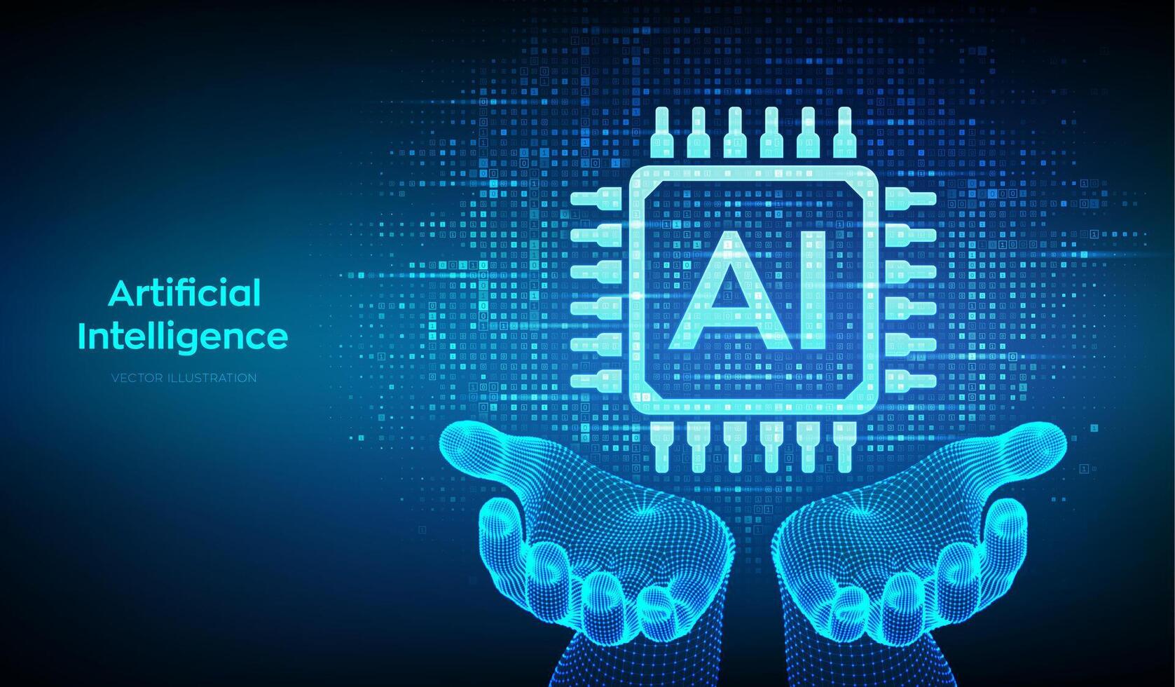 AI. Artificial intelligence. AI icon made with binary code in wireframe hands. Binary data and streaming digital code background. Matrix background with digits 1.0. illustration. vector