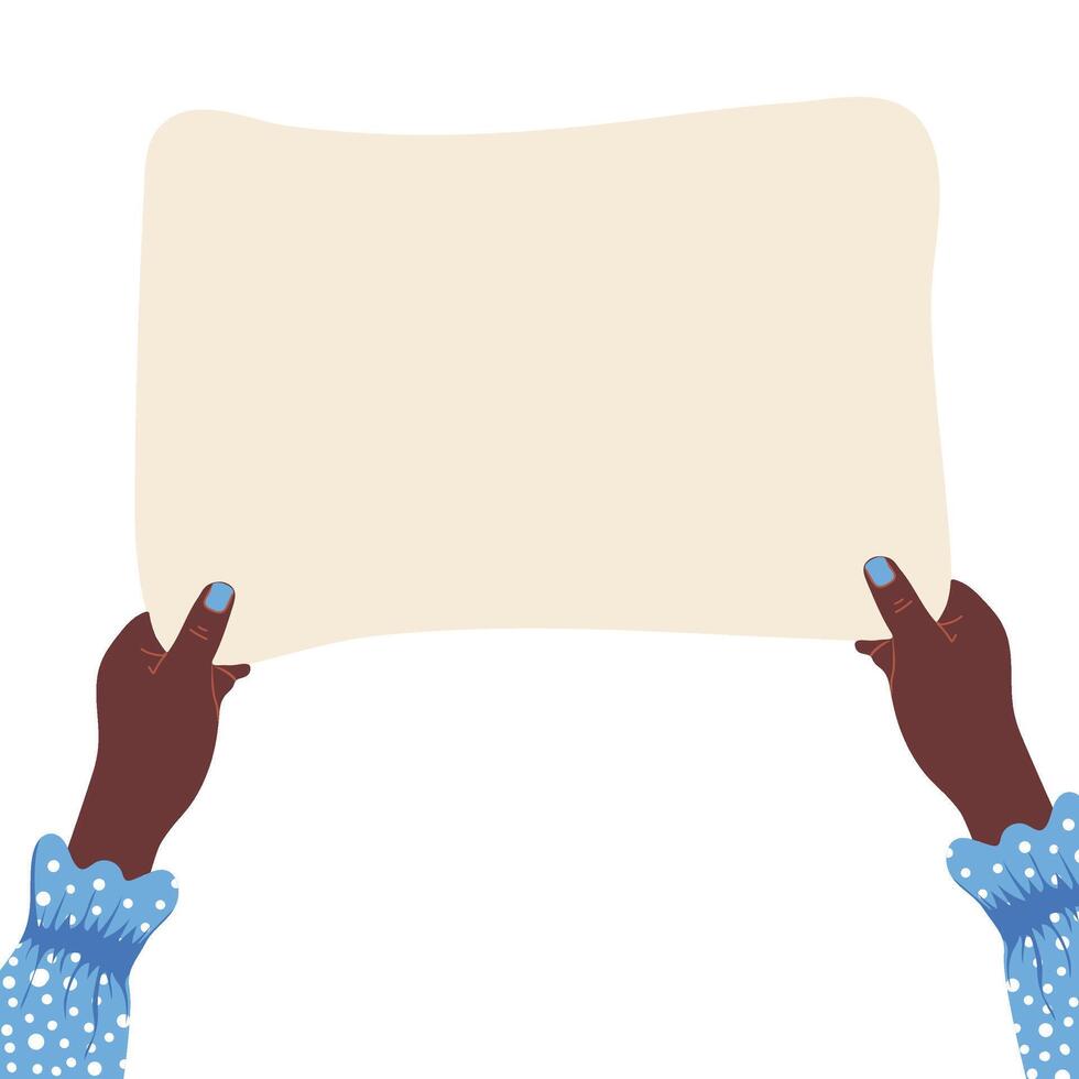 African woman's hands holding empty blank paper, banner with copy space, blank for an advertising message vector