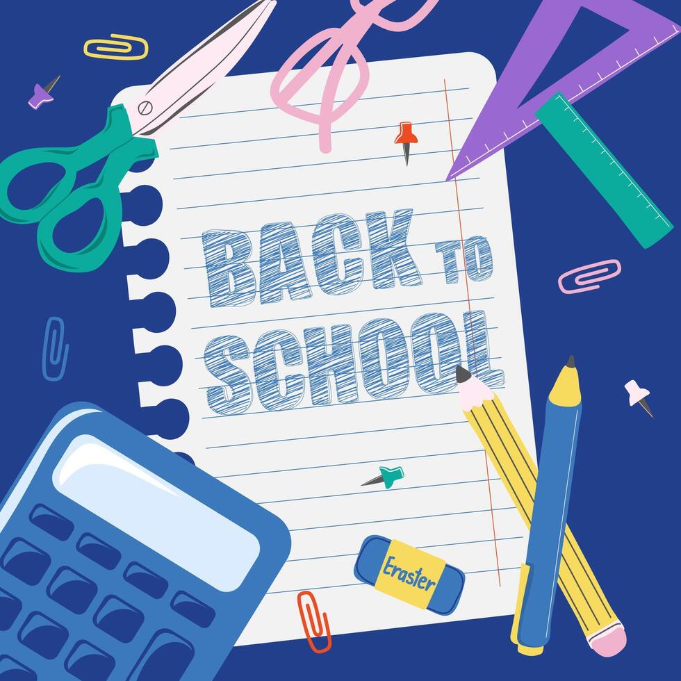 Back to school square poster. Background design with education accessories element vector