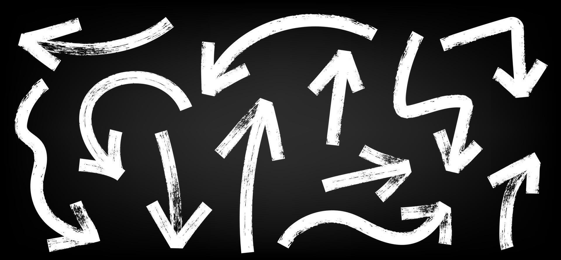 Brush, chalk drawn bold arrows set. Collection of hand drawn doodle thick arrows in different directions vector