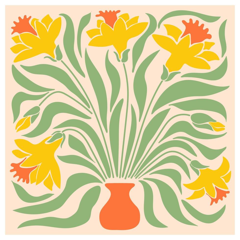 Floral retro poster with narcissuses.Trendy hand drawn flowers infantile style. Seventies, groovy background.Matisse curves aesthetic. vector