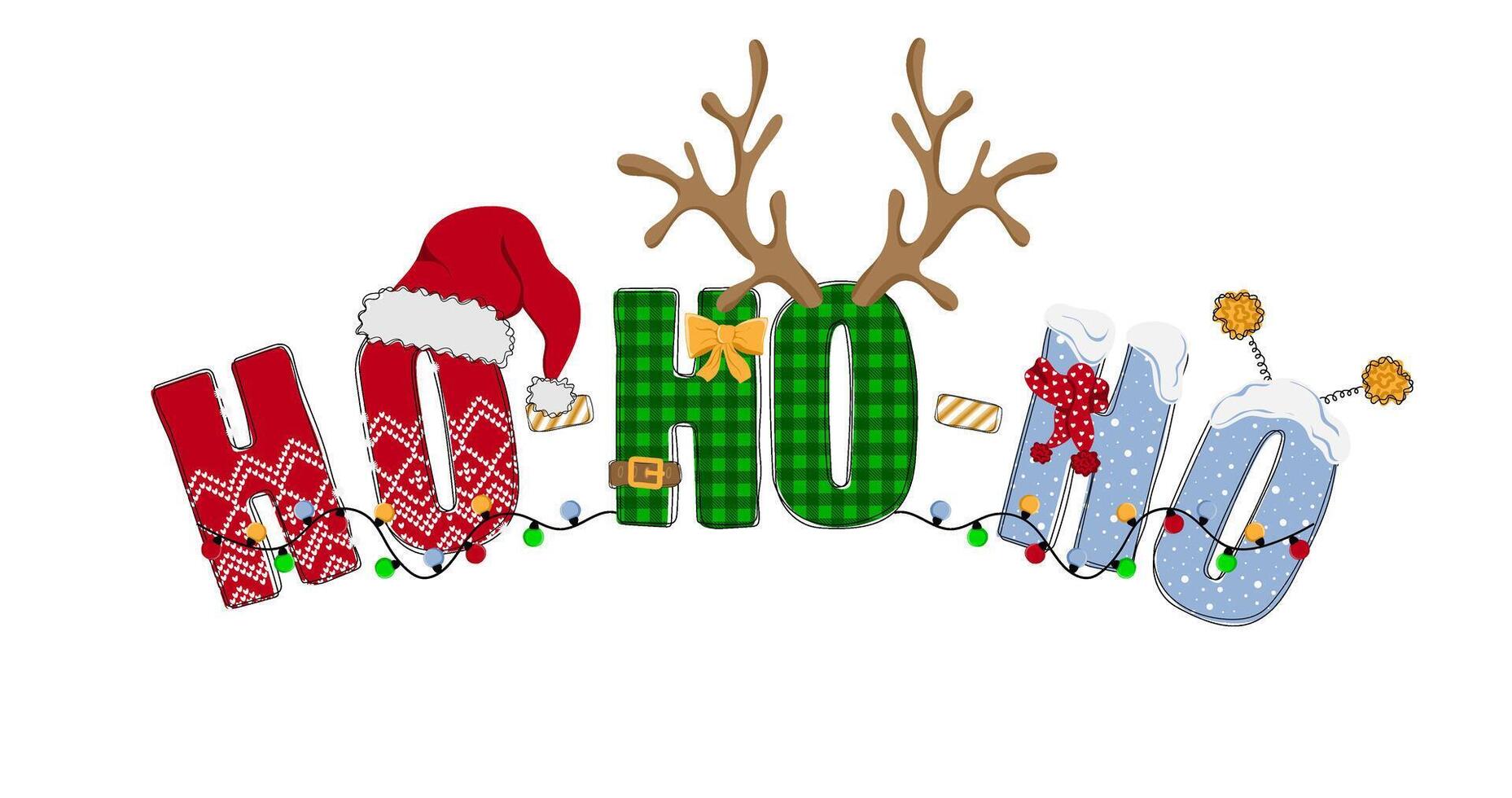 Ho Ho Ho - Hand written Santa phrase. Doodle text with Santa hat, antler and garlands vector