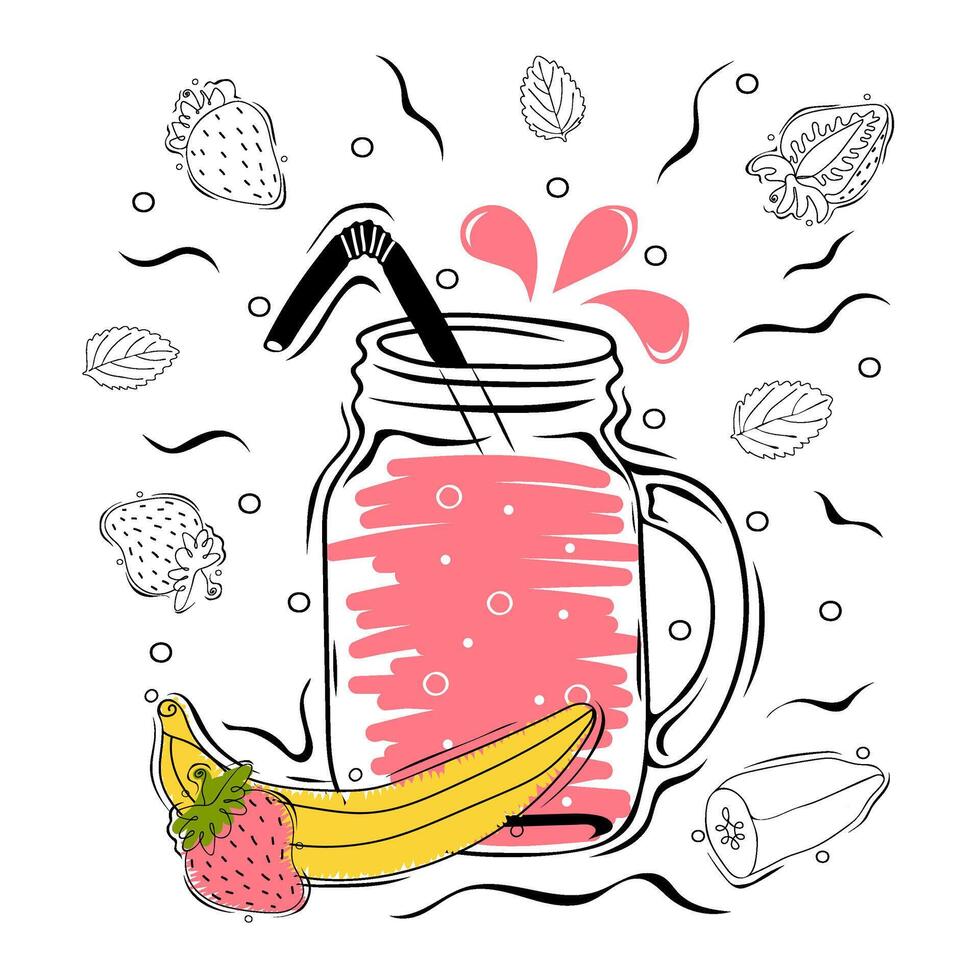 Strawberry smoothie with illustration of ingredients. Healthy food poster vector