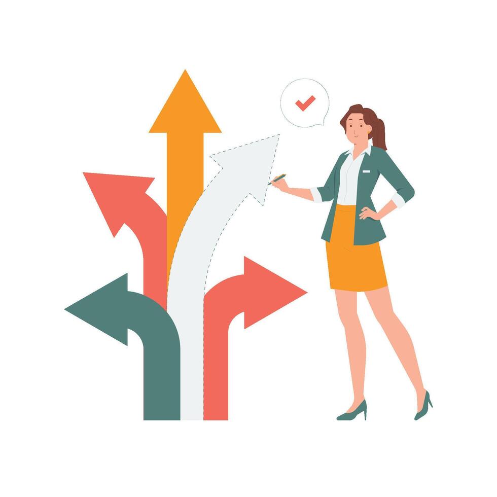 Change direction or career path for best opportunity, turn transform to different choice alternative way to progress, businesswoman draw new arrow metaphor concept illustration vector