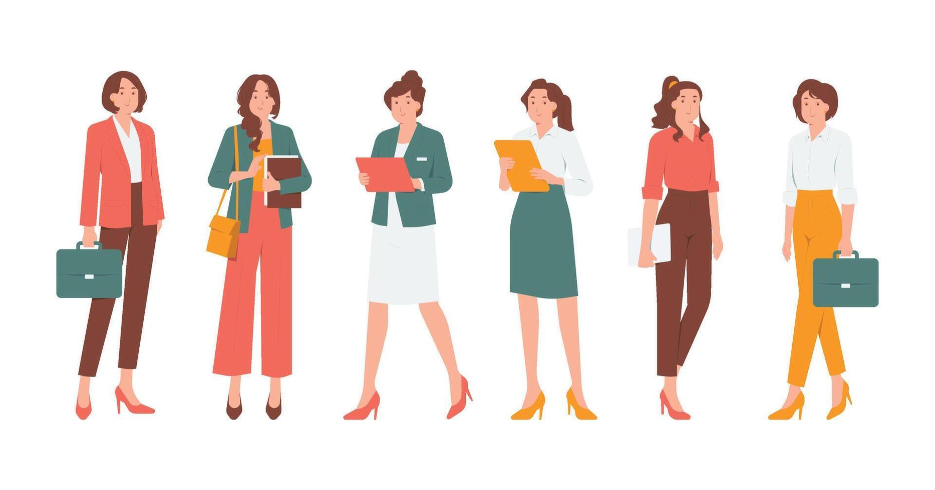 Set collection businesswoman holding briefcase, book, and suitcase with various clothes and poses gestures standing concept illustration vector