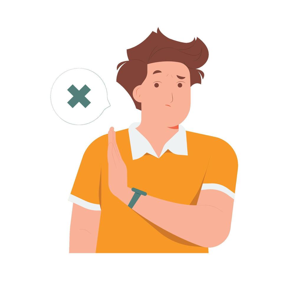 Annoyed man says no makes stop gesture, deny disagree not interested rejection expression concept illustration vector