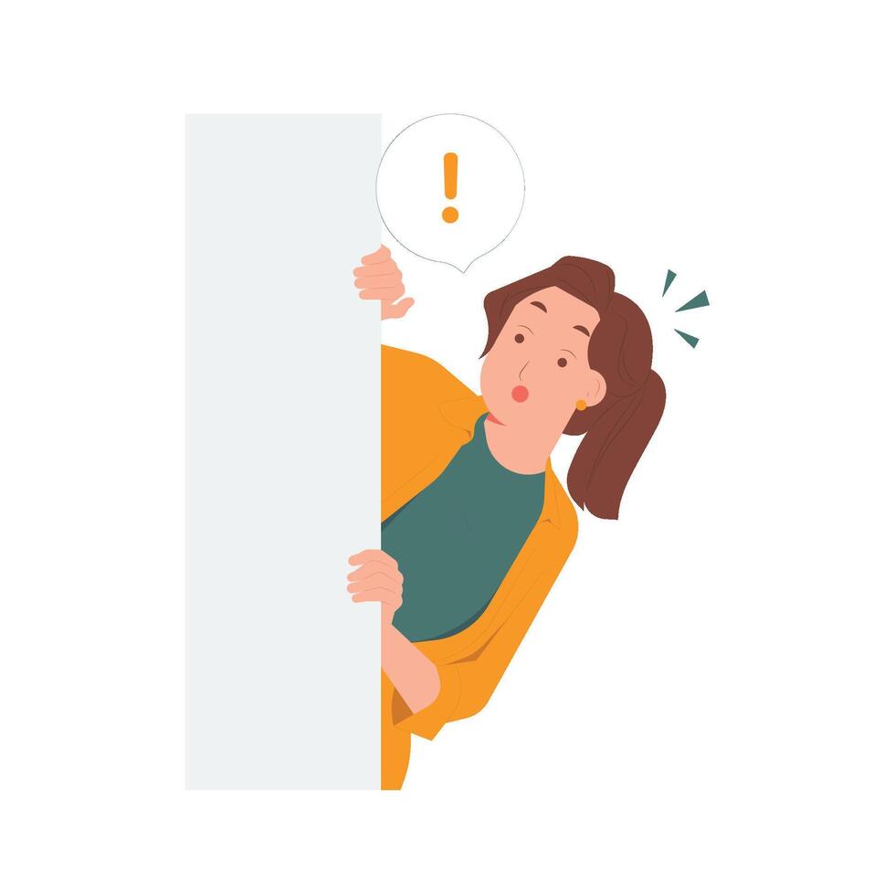 Surprised woman looking out and peeking from behind wall with curiosity, shock discovery concept illustration vector