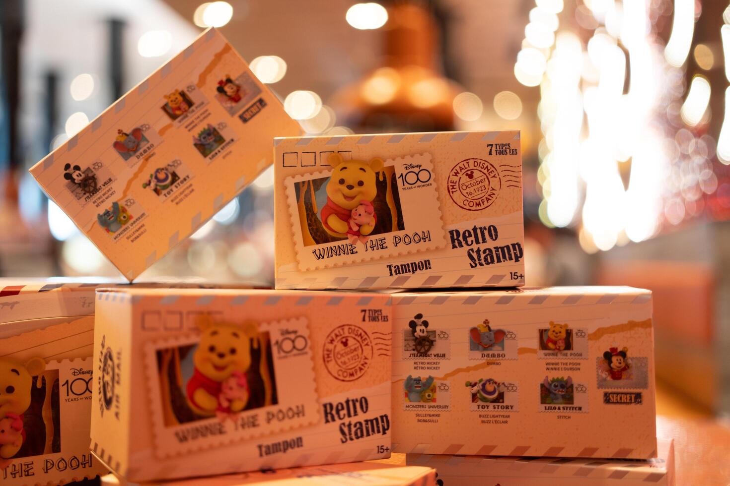 Bangkok, Thailand - May 10, 2024 Set box of Disney 100th Anniversary Retro Stamp from MINISO photo