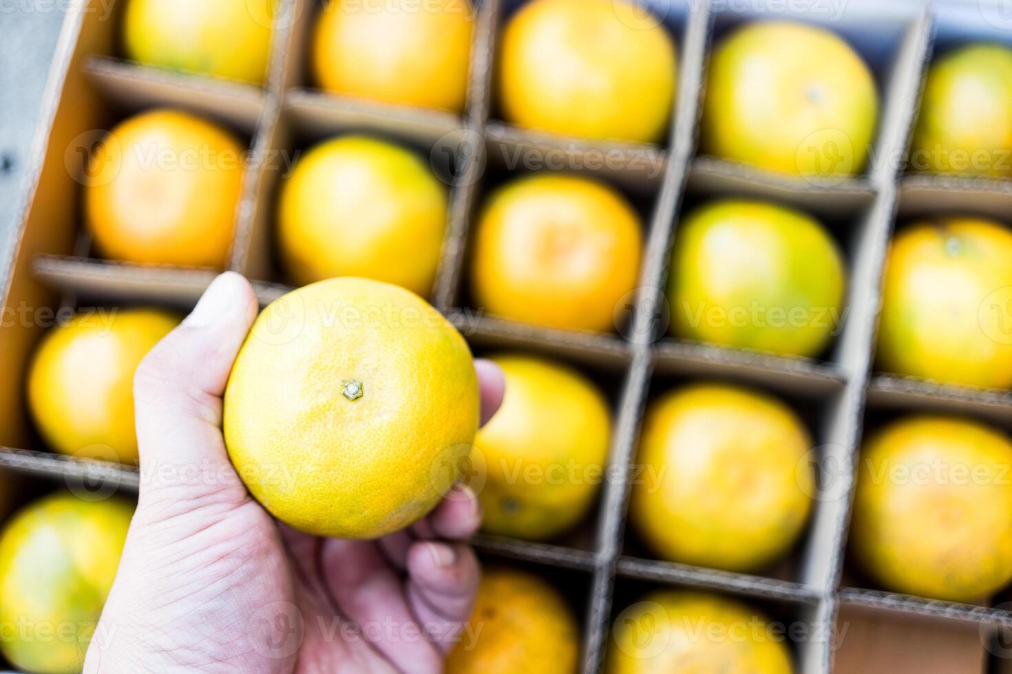 Selective focus of orange fruit on hand pick up from brown paper box photo