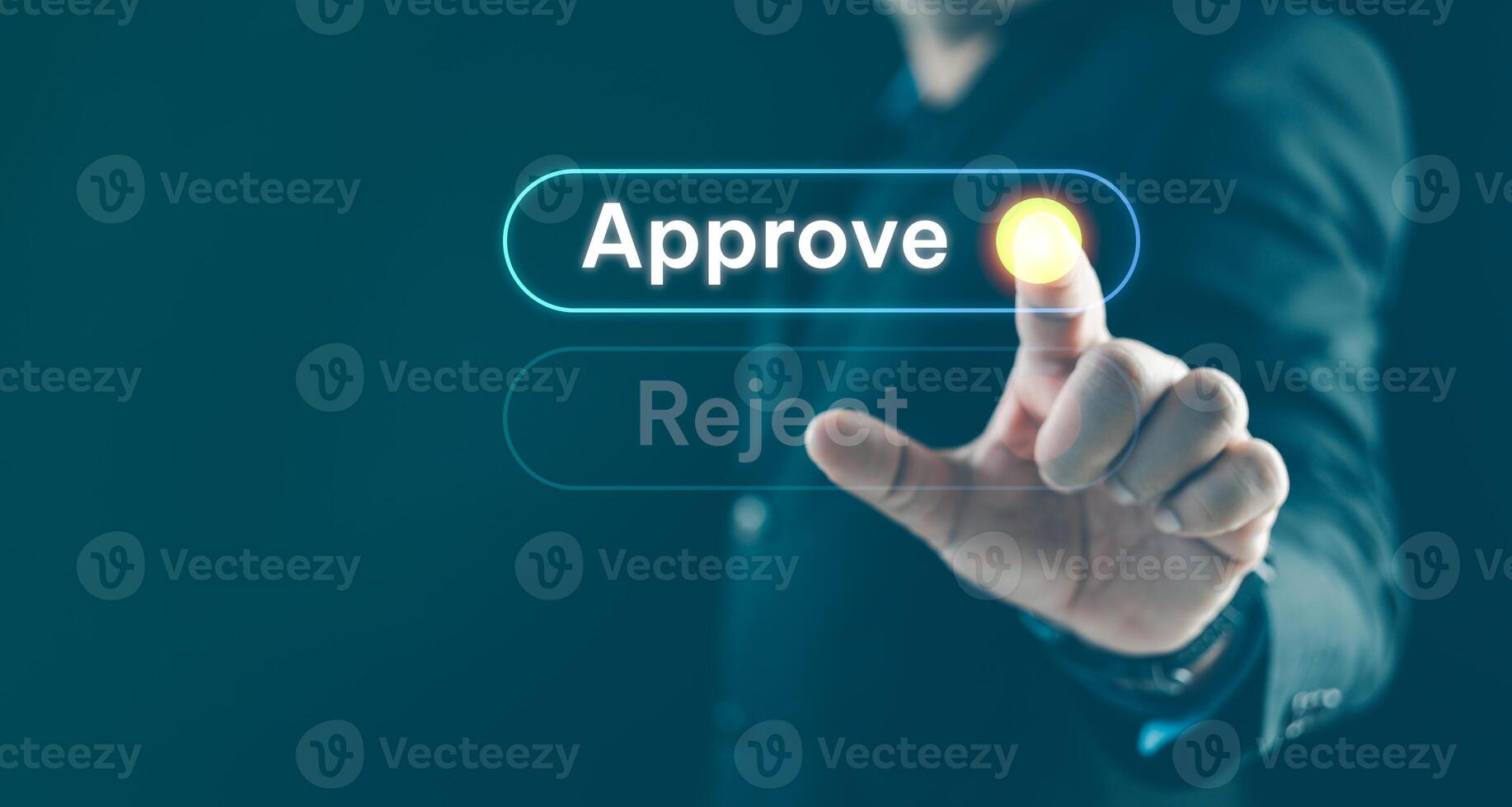 Businessmantouch correct mark to approve document and project concept. photo