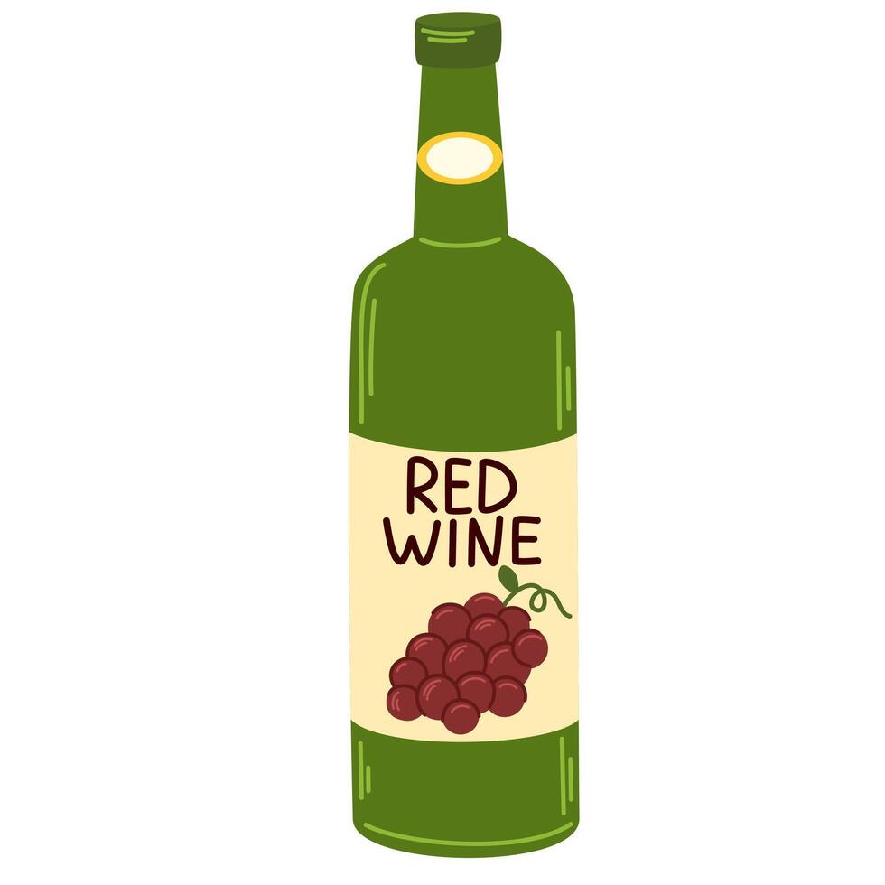 Red wine in bottle. Alcohol drink. Grape Drink. Alcoholic beverage, transparent glassware. Flat illustration isolated on white background vector