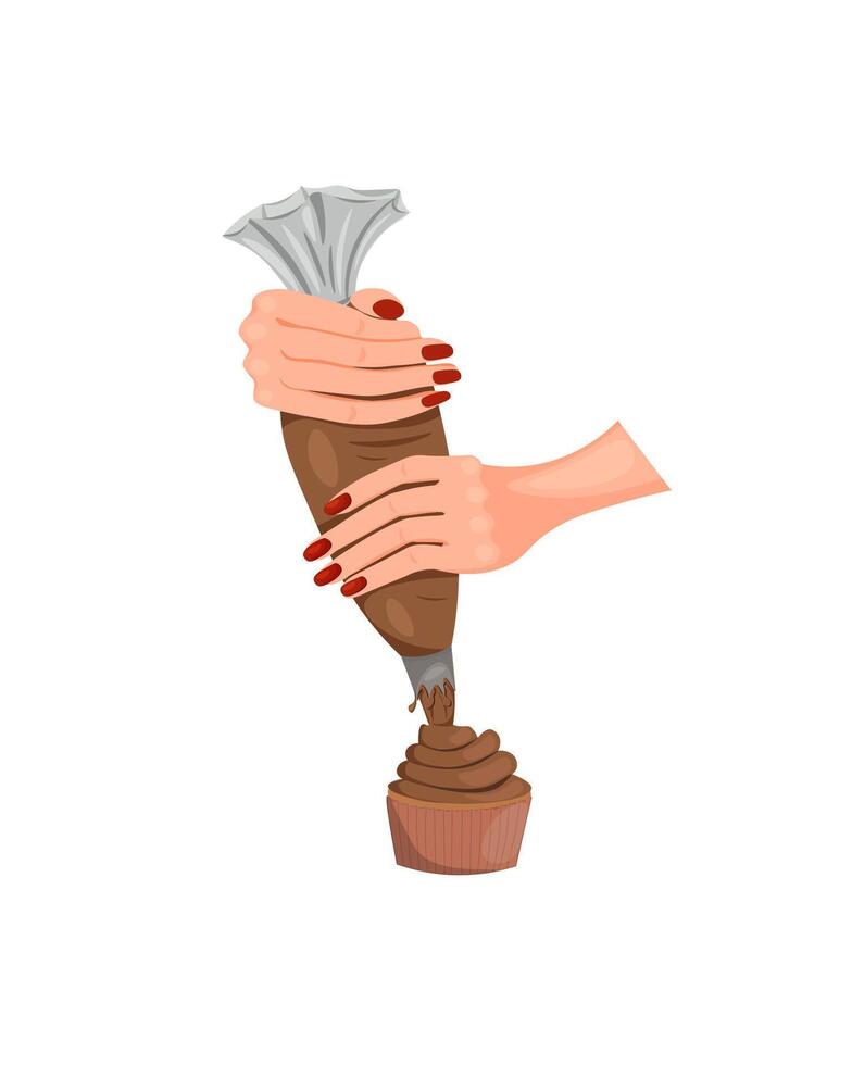 Female hands hold a pastry bag and squeeze chocolate cream onto a cupcake. Bakery, pastry shop, confectionery, preparing cupcakes, dessert. Hand drawn illustration vector