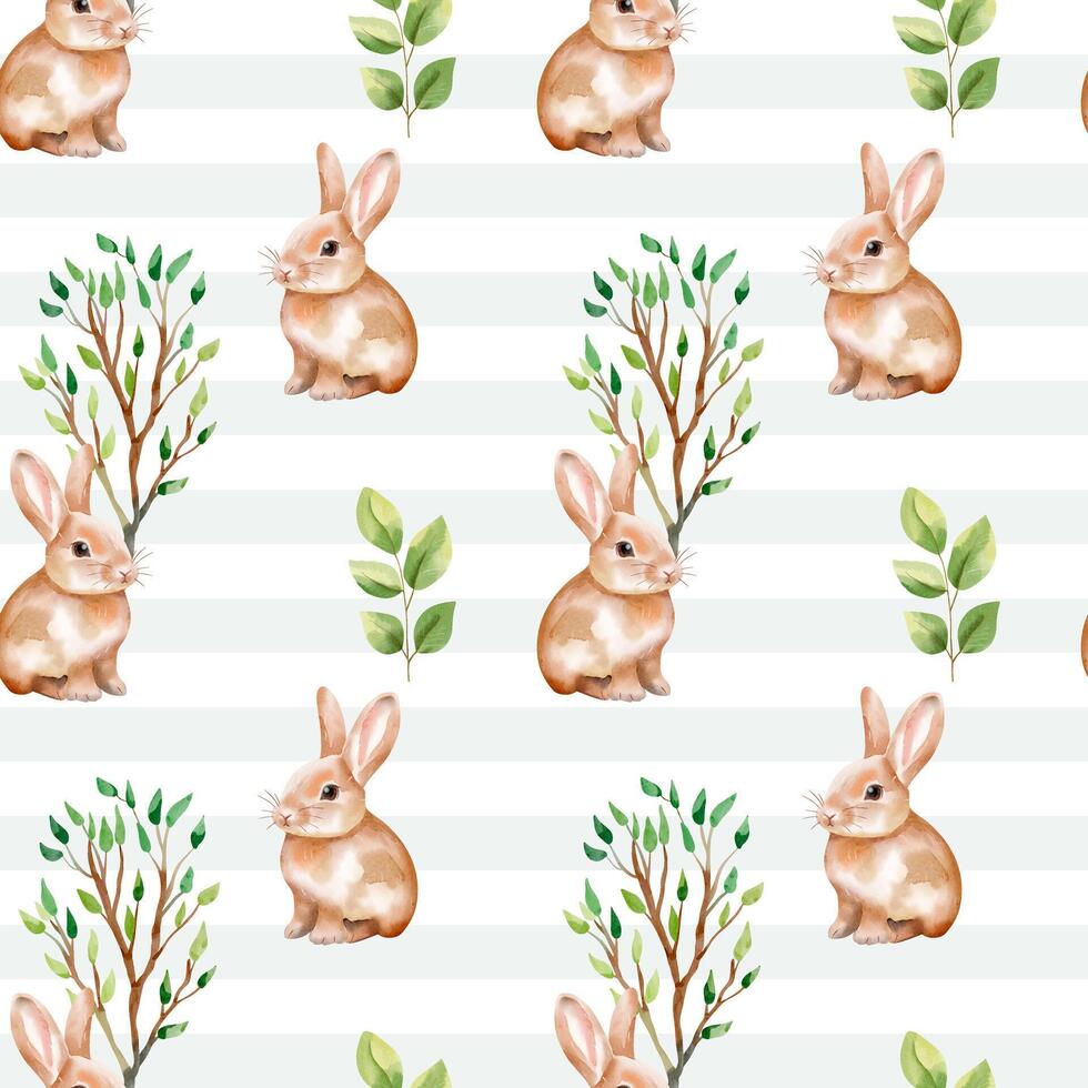 Seamless pattern with watercolor bunny and trees. Cute rabbit. Animal wildlife backgrounds. vector