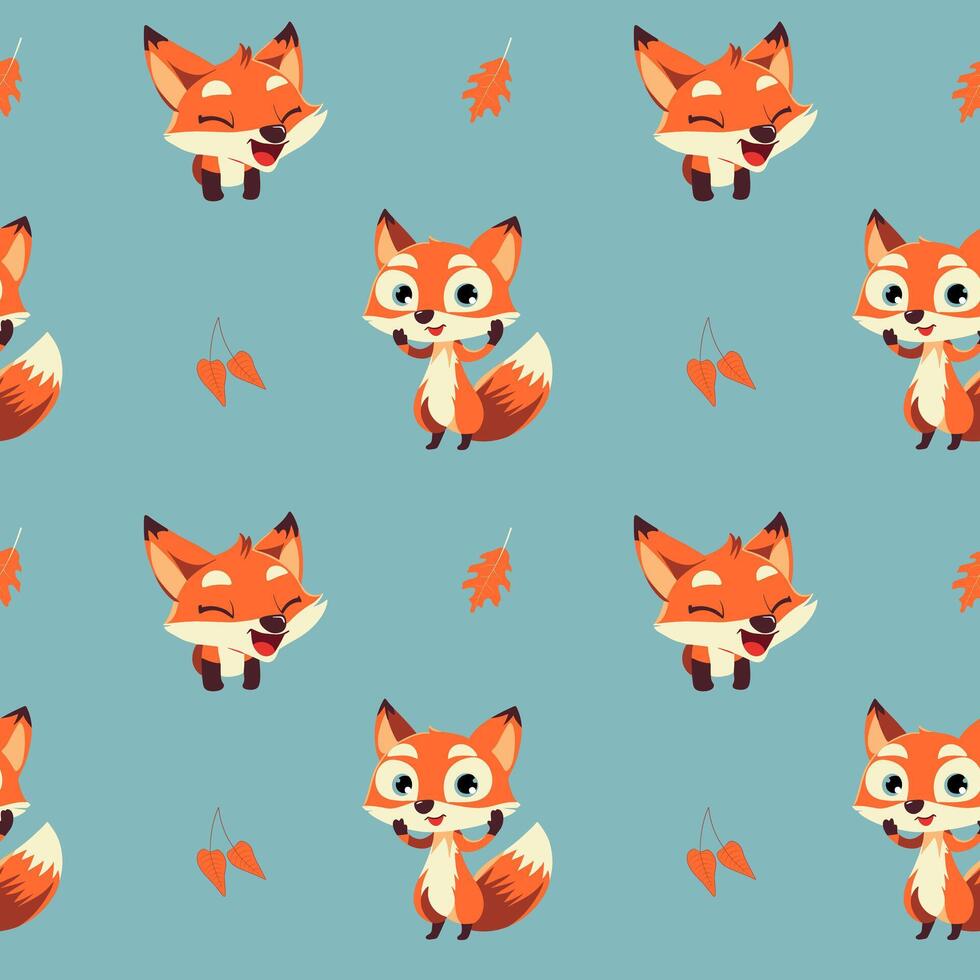 Seamless pattern with funny fox and leaves. Cartoon fox background. Autumnal pattern vector