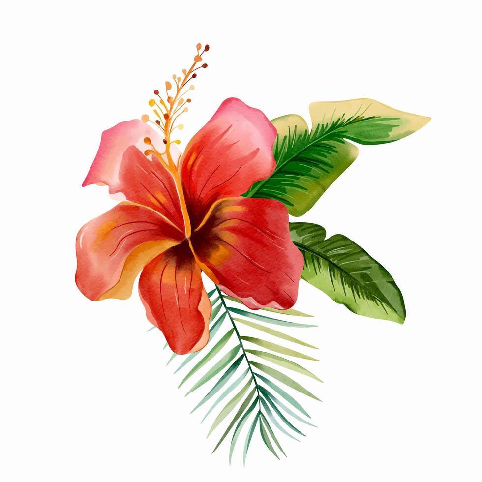 Watercolor tropical flower. Red. bouquet with palm leaves. Exotic foliage, wild floral. vector