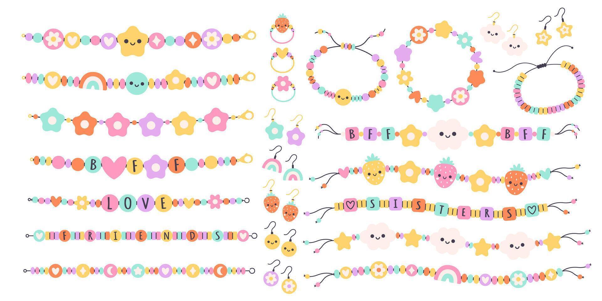 Kids jewelry set. Colorful handmade bracelets with plastic beads, letters, stars, hearts, flowers. Friendship bracelets, earrings, rings vector